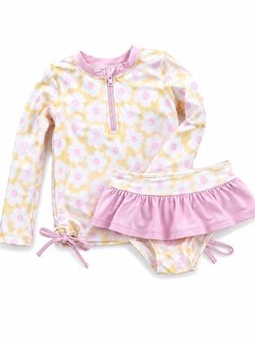 Caden Lane Daisy Floral Rash Guard Swimsuit Set Girls 4T Pink Yellow Ruffle UPF